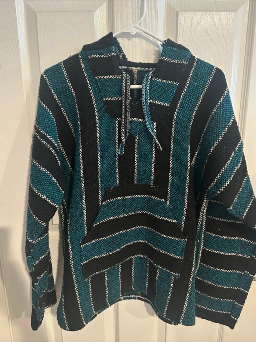 Striped Teal and Black Crewneck Baja Sweater
